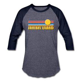 Sanibel Island, Florida Baseball T-Shirt - Retro Sunrise Unisex Sanibel Island Raglan T Shirt - heather blue/navy