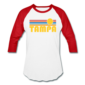 Tampa, Florida Baseball T-Shirt - Retro Sunrise Unisex Tampa Raglan T Shirt - white/red