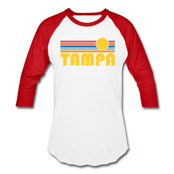 Tampa, Florida Baseball T-Shirt - Retro Sunrise Unisex Tampa Raglan T Shirt - white/red