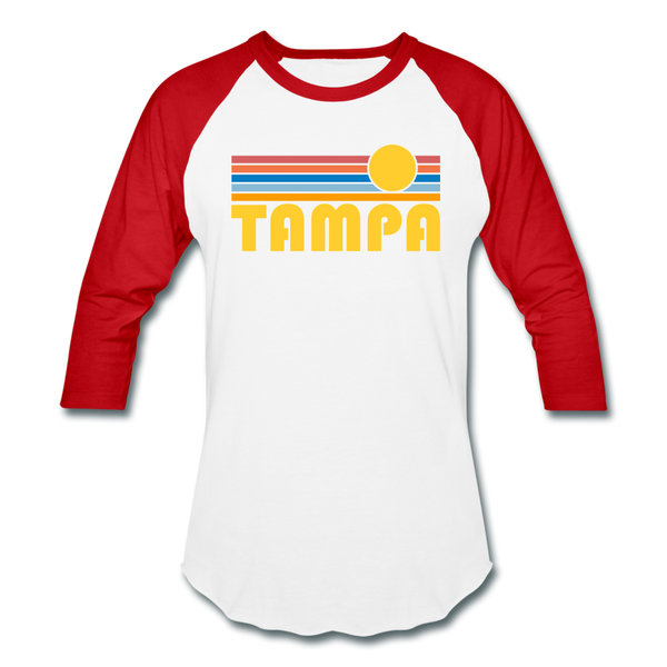 Tampa, Florida Baseball T-Shirt - Retro Sunrise Unisex Tampa Raglan T Shirt - white/red