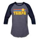 Tampa, Florida Baseball T-Shirt - Retro Sunrise Unisex Tampa Raglan T Shirt - heather blue/navy
