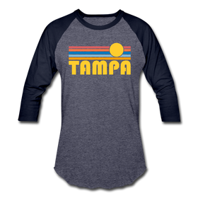 Tampa, Florida Baseball T-Shirt - Retro Sunrise Unisex Tampa Raglan T Shirt - heather blue/navy