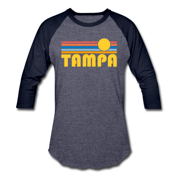 Tampa, Florida Baseball T-Shirt - Retro Sunrise Unisex Tampa Raglan T Shirt - heather blue/navy