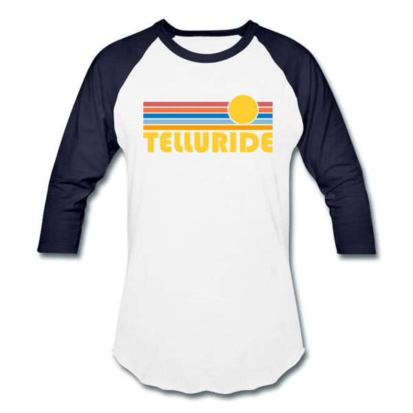 Telluride, Colorado Baseball T-Shirt - Retro Sunrise Unisex Telluride Raglan T Shirt - white/navy
