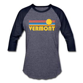 Vermont Baseball T-Shirt - Retro Sunrise Unisex Vermont Raglan T Shirt - heather blue/navy