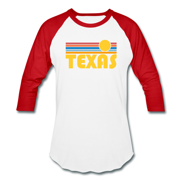 Texas Baseball T-Shirt - Retro Sunrise Unisex Texas Raglan T Shirt - white/red