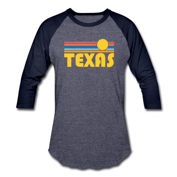 Texas Baseball T-Shirt - Retro Sunrise Unisex Texas Raglan T Shirt - heather blue/navy