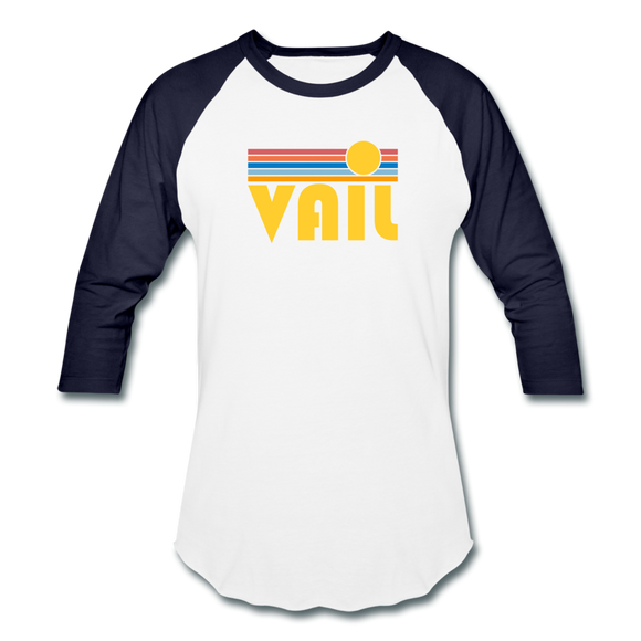 Vail, Colorado Baseball T-Shirt - Retro Sunrise Unisex Vail Raglan T Shirt - white/navy