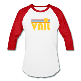 Vail, Colorado Baseball T-Shirt - Retro Sunrise Unisex Vail Raglan T Shirt - white/red