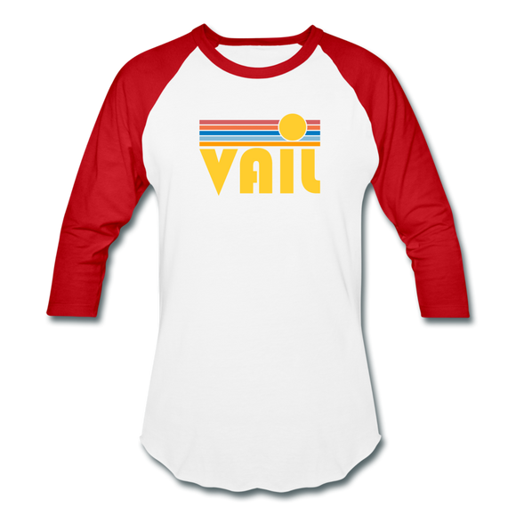 Vail, Colorado Baseball T-Shirt - Retro Sunrise Unisex Vail Raglan T Shirt - white/red