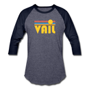 Vail, Colorado Baseball T-Shirt - Retro Sunrise Unisex Vail Raglan T Shirt - heather blue/navy