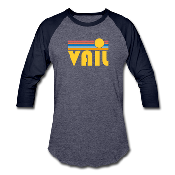 Vail, Colorado Baseball T-Shirt - Retro Sunrise Unisex Vail Raglan T Shirt - heather blue/navy
