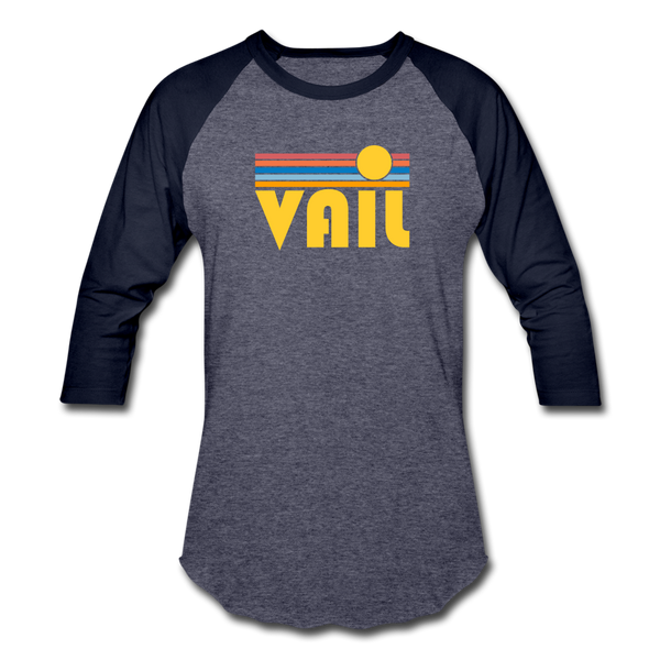 Vail, Colorado Baseball T-Shirt - Retro Sunrise Unisex Vail Raglan T Shirt - heather blue/navy