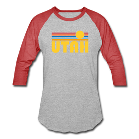 Utah Baseball T-Shirt - Retro Sunrise Unisex Utah Raglan T Shirt - heather gray/red