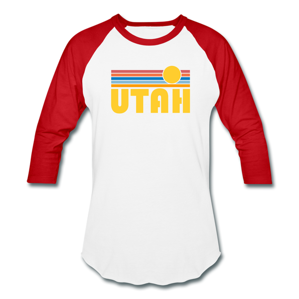 Utah Baseball T-Shirt - Retro Sunrise Unisex Utah Raglan T Shirt - white/red