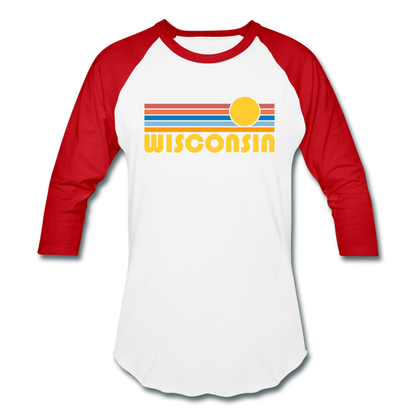 Wisconsin Baseball T-Shirt - Retro Sunrise Unisex Wisconsin Raglan T Shirt - white/red