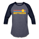 West Virginia Baseball T-Shirt - Retro Sunrise Unisex West Virginia Raglan T Shirt - heather blue/navy