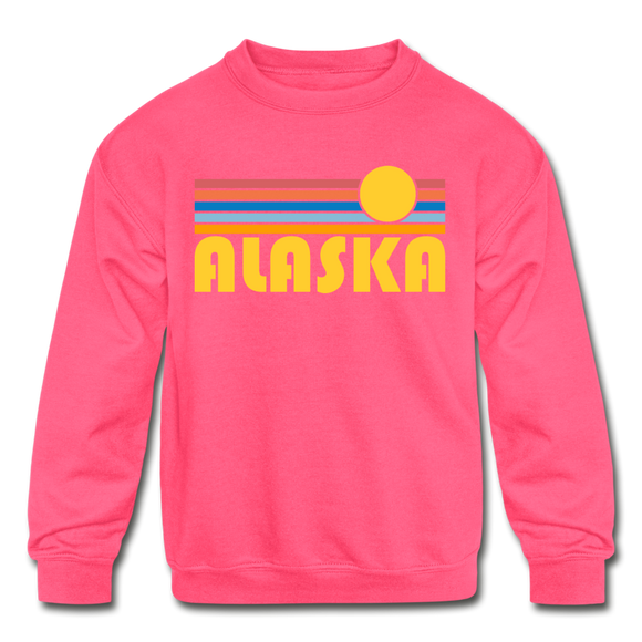 Alaska Youth Sweatshirt - Retro Sunrise Youth Alaska Crewneck Sweatshirt - neon pink