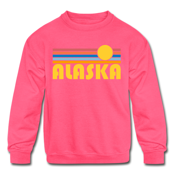 Alaska Youth Sweatshirt - Retro Sunrise Youth Alaska Crewneck Sweatshirt - neon pink