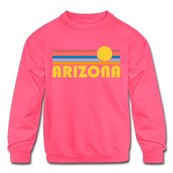 Arizona Youth Sweatshirt - Retro Sunrise Youth Arizona Crewneck Sweatshirt - neon pink