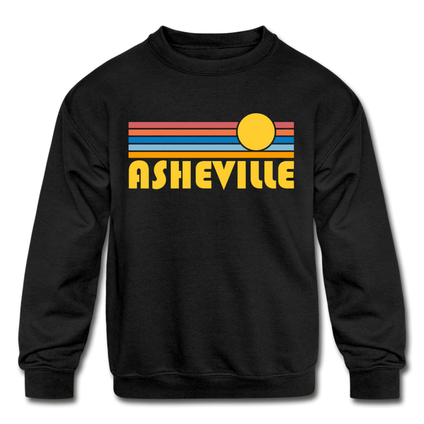 Asheville, North Carolina Youth Sweatshirt - Retro Sunrise Youth Asheville Crewneck Sweatshirt - black