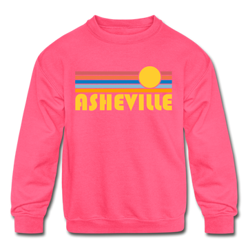 Asheville, North Carolina Youth Sweatshirt - Retro Sunrise Youth Asheville Crewneck Sweatshirt - neon pink