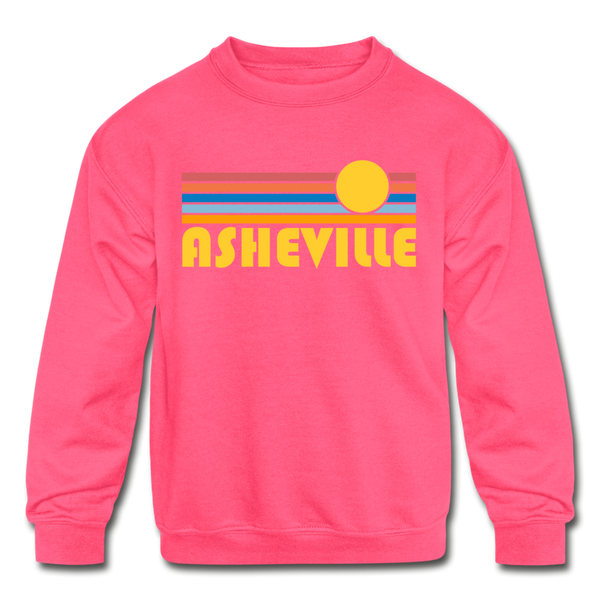 Asheville, North Carolina Youth Sweatshirt - Retro Sunrise Youth Asheville Crewneck Sweatshirt - neon pink