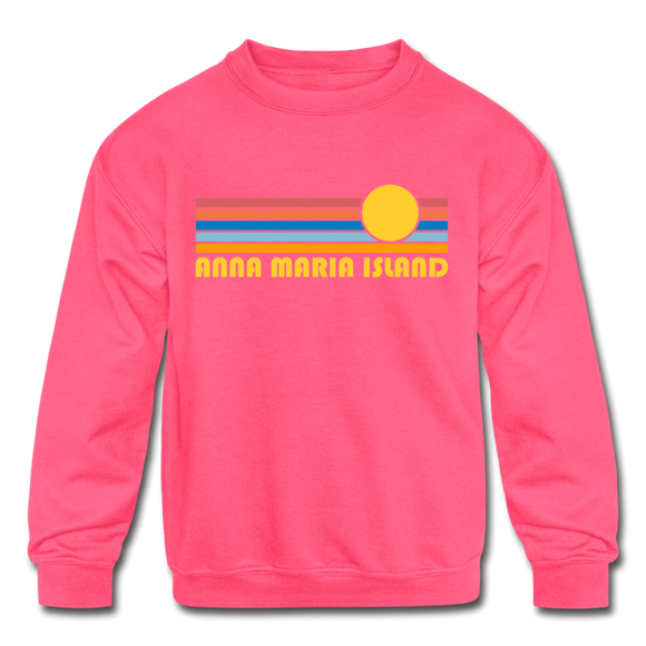 Anna Maria Island, Florida Youth Sweatshirt - Retro Sunrise Youth Anna Maria Island Crewneck Sweatshirt - neon pink