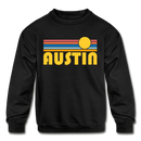 Austin, Texas Youth Sweatshirt - Retro Sunrise Youth Austin Crewneck Sweatshirt - black