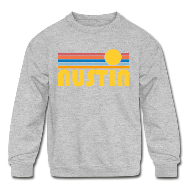 Austin, Texas Youth Sweatshirt - Retro Sunrise Youth Austin Crewneck Sweatshirt - heather gray