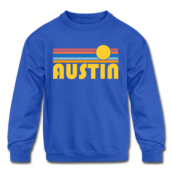 Austin, Texas Youth Sweatshirt - Retro Sunrise Youth Austin Crewneck Sweatshirt - royal blue