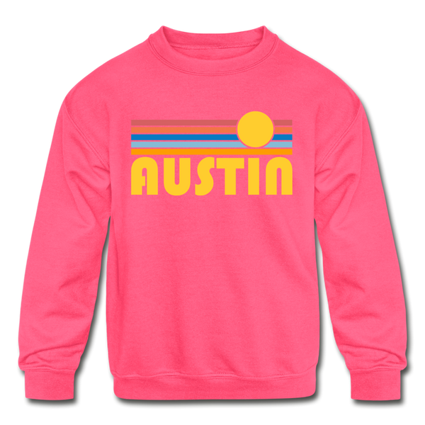 Austin, Texas Youth Sweatshirt - Retro Sunrise Youth Austin Crewneck Sweatshirt - neon pink