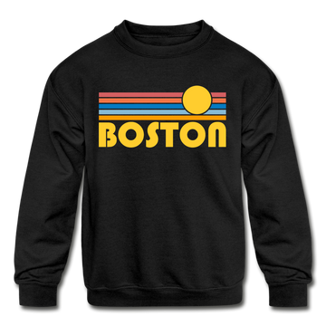Boston, Massachusetts Youth Sweatshirt - Retro Sunrise Youth Boston Crewneck Sweatshirt - black
