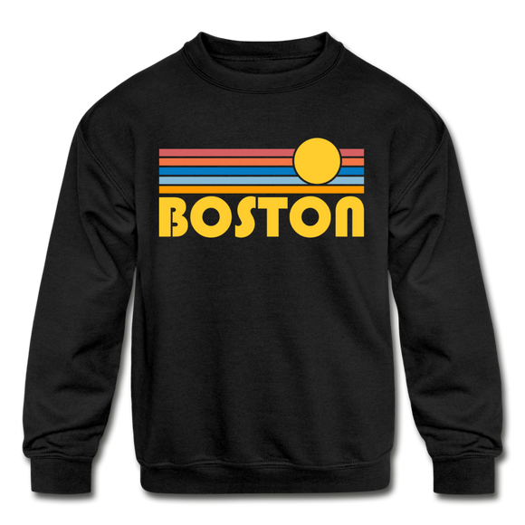 Boston, Massachusetts Youth Sweatshirt - Retro Sunrise Youth Boston Crewneck Sweatshirt - black