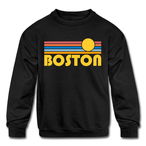 Boston, Massachusetts Youth Sweatshirt - Retro Sunrise Youth Boston Crewneck Sweatshirt - black