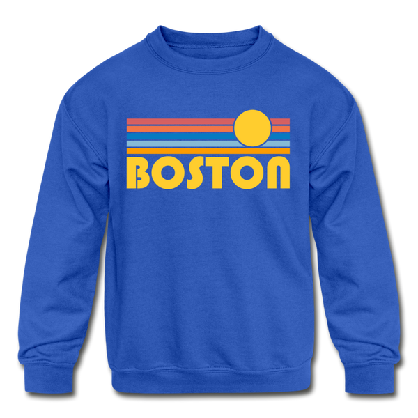 Boston, Massachusetts Youth Sweatshirt - Retro Sunrise Youth Boston Crewneck Sweatshirt - royal blue