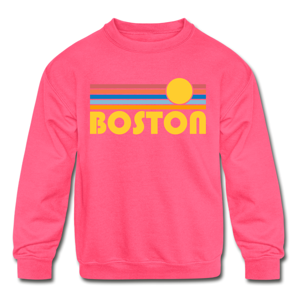 Boston, Massachusetts Youth Sweatshirt - Retro Sunrise Youth Boston Crewneck Sweatshirt - neon pink