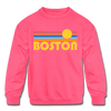 Boston, Massachusetts Youth Sweatshirt - Retro Sunrise Youth Boston Crewneck Sweatshirt - neon pink