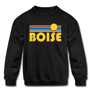 Boise, Idaho Youth Sweatshirt - Retro Sunrise Youth Boise Crewneck Sweatshirt - black