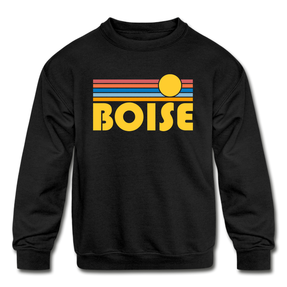 Boise, Idaho Youth Sweatshirt - Retro Sunrise Youth Boise Crewneck Sweatshirt - black