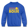 Boise, Idaho Youth Sweatshirt - Retro Sunrise Youth Boise Crewneck Sweatshirt - royal blue