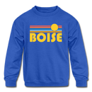 Boise, Idaho Youth Sweatshirt - Retro Sunrise Youth Boise Crewneck Sweatshirt - royal blue