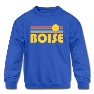 Boise, Idaho Youth Sweatshirt - Retro Sunrise Youth Boise Crewneck Sweatshirt - royal blue