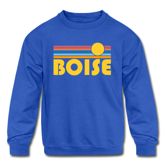 Boise, Idaho Youth Sweatshirt - Retro Sunrise Youth Boise Crewneck Sweatshirt - royal blue
