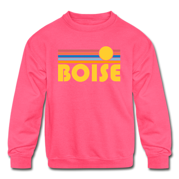 Boise, Idaho Youth Sweatshirt - Retro Sunrise Youth Boise Crewneck Sweatshirt - neon pink
