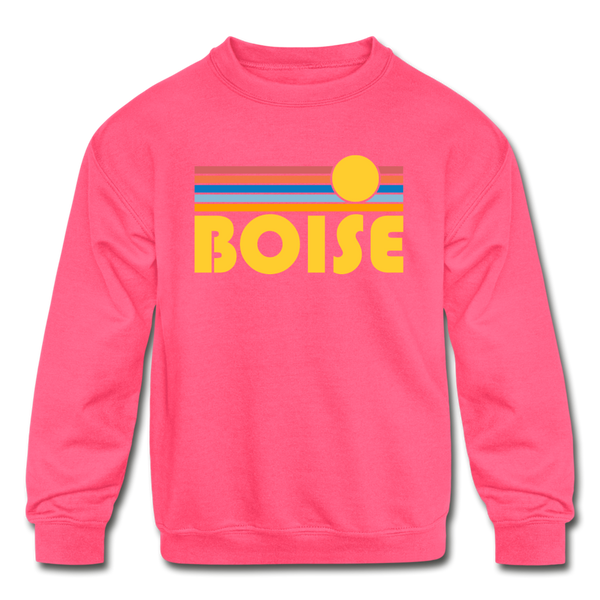 Boise, Idaho Youth Sweatshirt - Retro Sunrise Youth Boise Crewneck Sweatshirt - neon pink