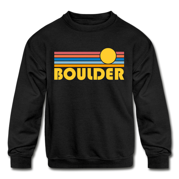 Boulder, Colorado Youth Sweatshirt - Retro Sunrise Youth Boulder Crewneck Sweatshirt - black