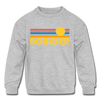 Boulder, Colorado Youth Sweatshirt - Retro Sunrise Youth Boulder Crewneck Sweatshirt - heather gray