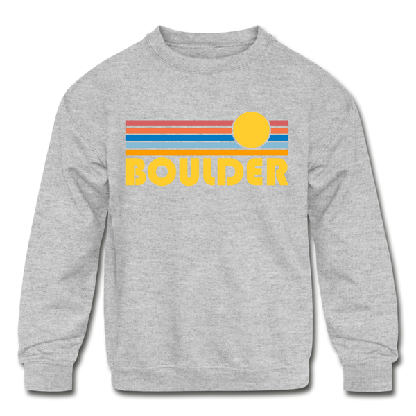 Boulder, Colorado Youth Sweatshirt - Retro Sunrise Youth Boulder Crewneck Sweatshirt - heather gray