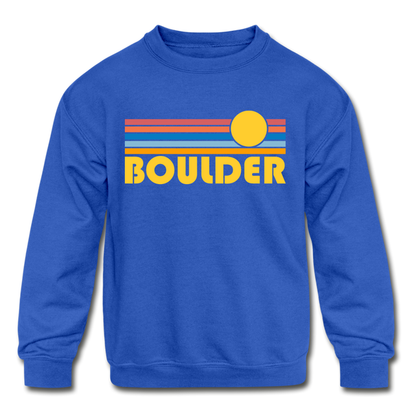 Boulder, Colorado Youth Sweatshirt - Retro Sunrise Youth Boulder Crewneck Sweatshirt - royal blue